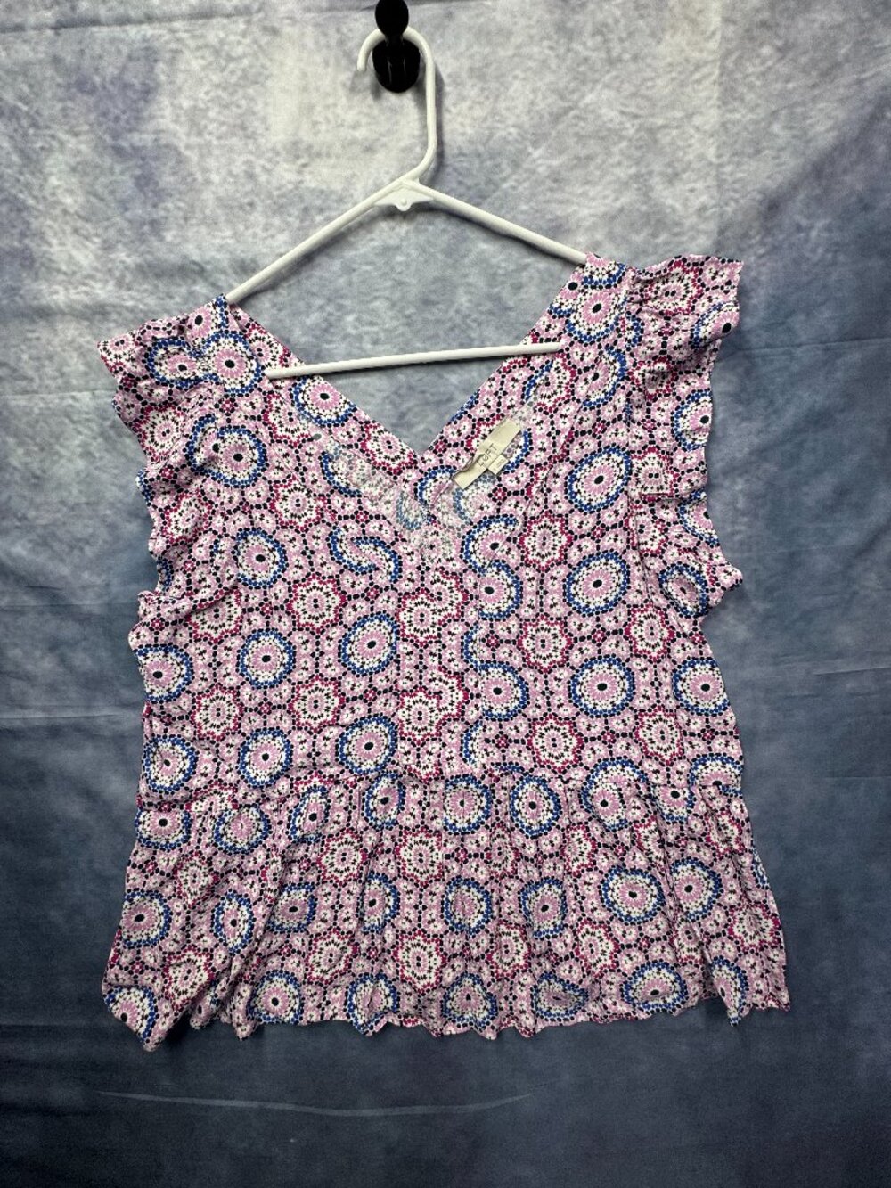Loft Large Boho Peplum Blouse Womens Pink Purple Geometric Flutter Sleeve Top